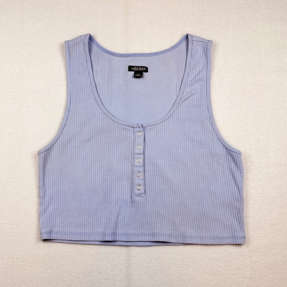 Wild Fable Blue Ribbed Henley Crop Tank Top Large Scoop Neck Snap Button Tank